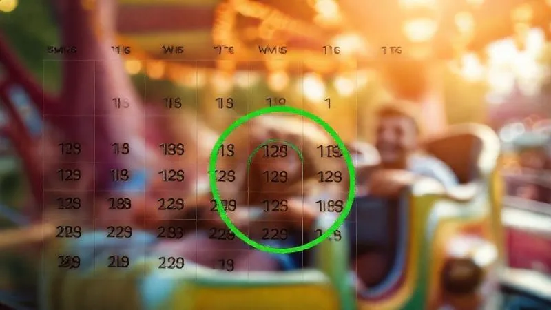 A photorealistic calendar with specific dates circled in green, indicating low-crowd theme park travel times, with a blurred background of a happy family enjoying a theme park ride, cinematic lighting, sharp focus on the calendar, depth of field, 8K hyper-detailed, professional photography.