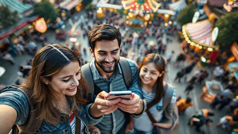 A photorealistic bird's-eye view of a bustling theme park, with a family in the foreground using a smartphone app to navigate, their faces focused but happy, showing efficiency amidst the crowd, cinematic lighting, sharp focus on the family and phone, depth of field, 8K hyper-detailed, professional photography.