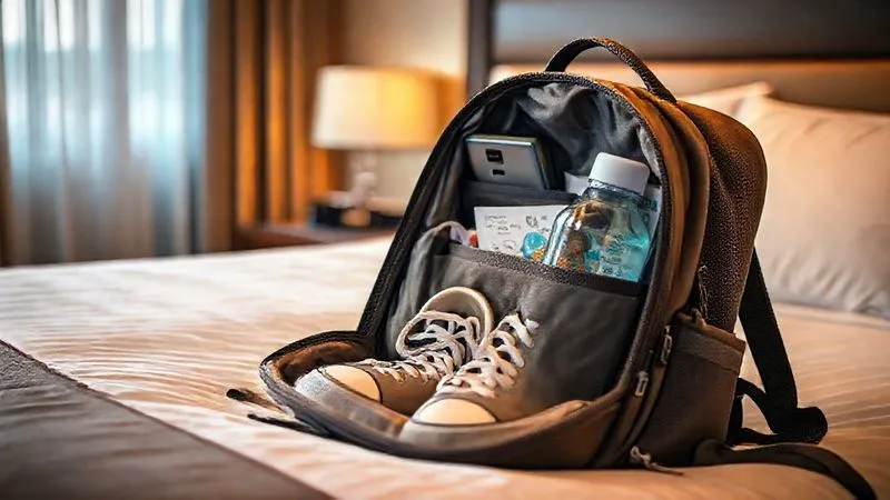 A photorealistic, neatly organized backpack sitting open on a hotel bed, revealing theme park essentials like a portable charger, water bottle, comfortable shoes, and a map, with a small theme park souvenir visible, cinematic lighting, sharp focus on the backpack contents, depth of field, 8K hyper-detailed, professional photography.