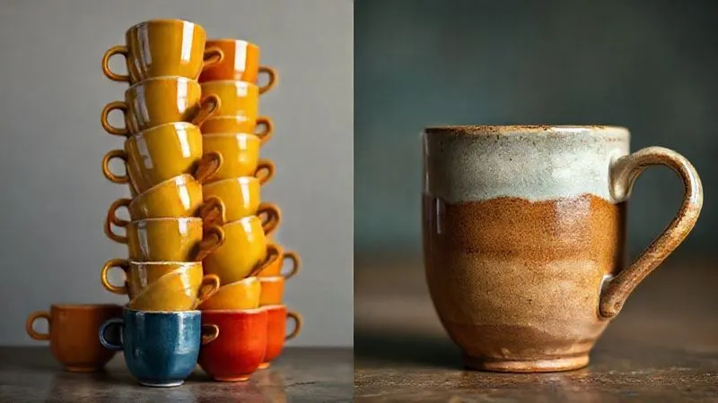A side-by-side comparison, photorealistic, professional photography, 8K, cinematic lighting. On the left, a stack of perfectly identical, brightly colored, factory-made ceramic mugs, sterile and uniform. On the right, a single, unique, slightly imperfect, earthy-toned handmade ceramic mug with visible brushstrokes and a warm, inviting texture, sharp focus on the handmade mug, depth of field blurring the background, shot on a high-end DSLR.