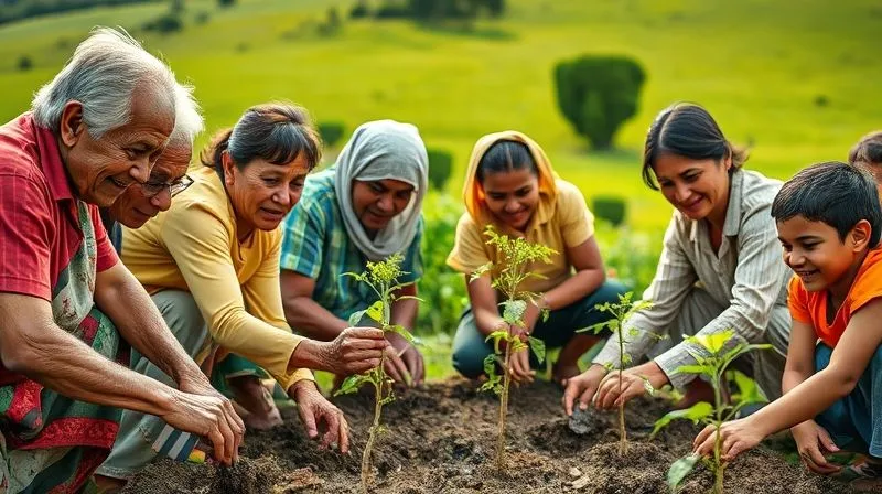 A photorealistic, professional photography, 8K, cinematic lighting, sharp focus, depth of field, shot on a high-end DSLR, of a diverse group of local community members, including elders and children, actively participating in a reforestation project, planting saplings with joy and collaboration, vibrant green landscape in the background under soft, natural light, conveying hope and shared purpose.