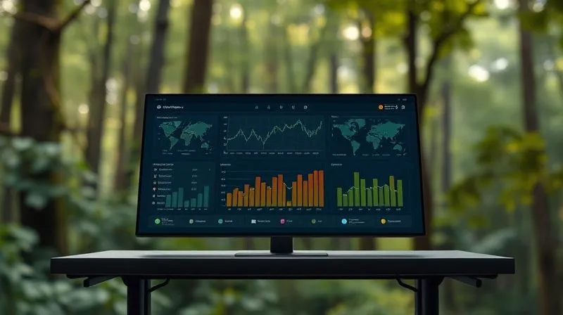 A photorealistic, professional photography, 8K, cinematic lighting, sharp focus, depth of field, shot on a high-end DSLR, of a sleek, minimalist dashboard displaying real-time environmental data with charts and graphs, overlaid with a subtle, blurred background of a thriving forest, conveying continuous monitoring and data-driven sustainability efforts.