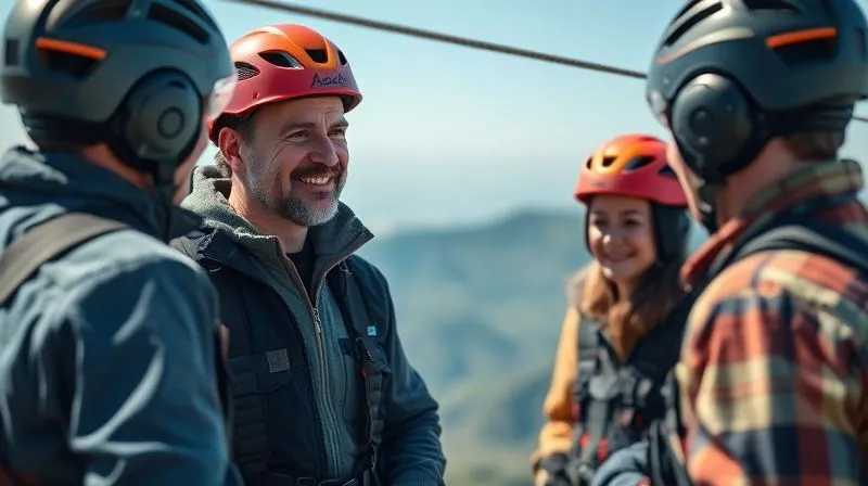 A photorealistic scene of a zip line guide conducting a thorough pre-flight safety briefing to a small group of discerning clients, all wearing high-end safety gear, professional photography, 8K, cinematic lighting, sharp focus on the guide's reassuring expression, depth of field blurring the scenic background, shot on a high-end DSLR. A photorealistic scene of a zip line guide conducting a thorough pre-flight safety briefing to a small group of discerning clients, all wearing high-end safety gear, professional photography, 8K, cinematic lighting, sharp focus on the guide's reassuring expression, depth of field blurring the scenic background, shot on a high-end DSLR.