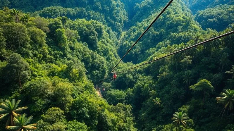 A photorealistic, high-angle shot of a zip line course winding through a lush, vibrant rainforest, with a small group of people safely enjoying the experience, professional photography, 8K, cinematic lighting, sharp focus, depth of field, shot on a high-end DSLR. A photorealistic, high-angle shot of a zip line course winding through a lush, vibrant rainforest, with a small group of people safely enjoying the experience, professional photography, 8K, cinematic lighting, sharp focus, depth of field, shot on a high-end DSLR.
