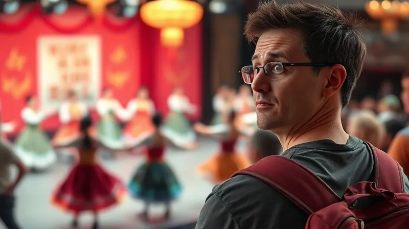 A photorealistic image of a frustrated tourist looking at a visibly inauthentic, commercialized folk dance performance on a brightly lit stage, with generic costumes and a bored expression. The scene is slightly blurred in the background, emphasizing the disappointment. 8K, cinematic lighting, sharp focus on the tourist, depth of field, shot on a high-end DSLR.
