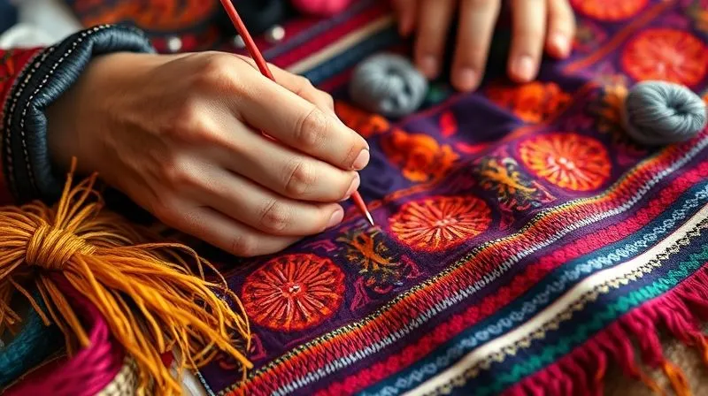 A photorealistic close-up of a skilled artisan meticulously hand-stitching intricate patterns onto a vibrant, traditional folk dance costume fabric, surrounded by natural dyes and threads. The focus is on the hands and the detail of the work. 8K, cinematic lighting, sharp focus, depth of field, shot on a high-end DSLR.