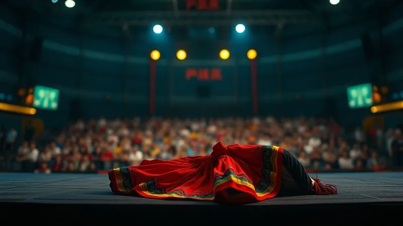 A photorealistic, slightly unsettling image of a dimly lit, generic tourist stage with a single, brightly lit, garish folk dance costume lying discarded, symbolizing commercialization and lack of authenticity. The background is a blurred, empty audience. 8K, cinematic lighting, sharp focus on the costume, depth of field, shot on a high-end DSLR.