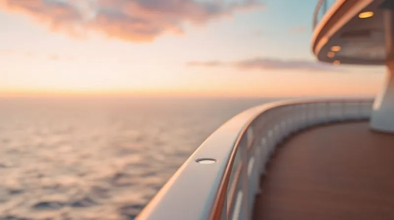 photorealistic, professional photography, 8K, cinematic lighting, sharp focus, depth of field, shot on a high-end DSLR, a modern cruise ship's deck railing at sunset, with a clear, robust design, subtle safety lighting embedded, and the vast ocean stretching beyond, conveying security and prevention.