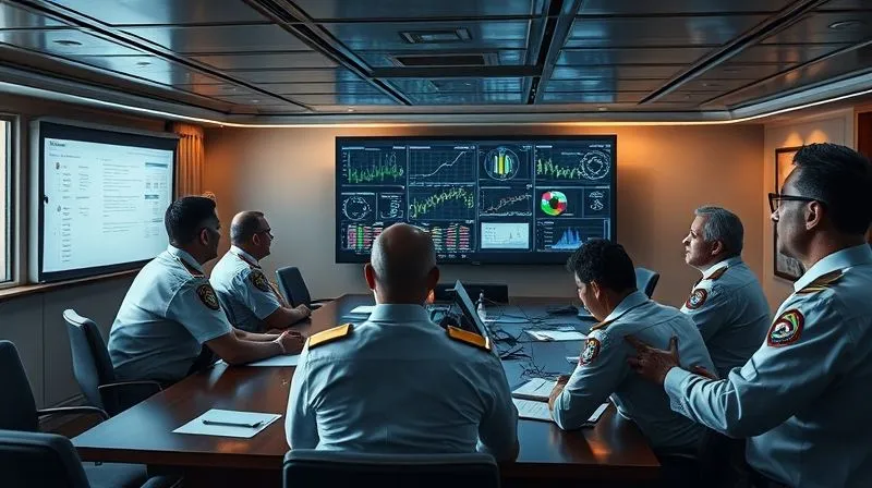 photorealistic, professional photography, 8K, cinematic lighting, sharp focus, depth of field, shot on a high-end DSLR, a somber yet professional meeting room on a cruise ship, a diverse team of officers and safety personnel reviewing data on a large screen, charts and graphs visible, conveying a post-incident analysis and learning environment.