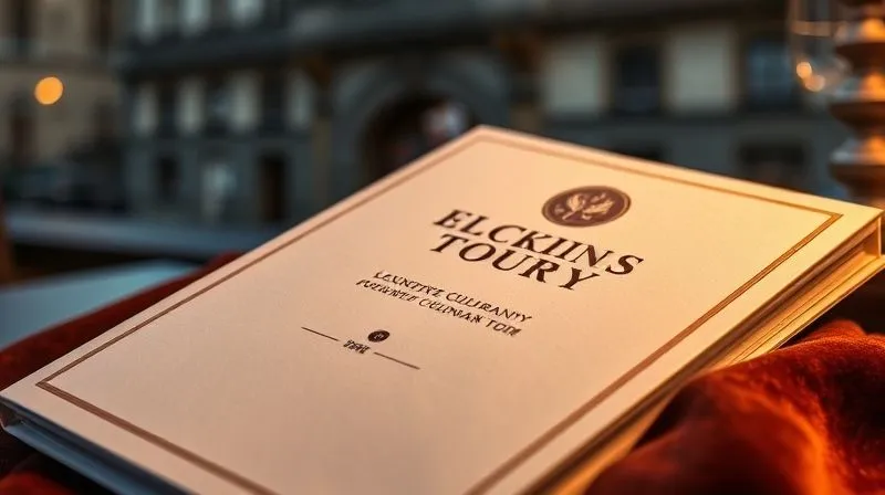 A photorealistic close-up of a perfectly polished, custom-designed itinerary booklet for a luxury culinary tour, with elegant typography and a subtle embossed logo, resting on a rich velvet cloth. The background is softly blurred with hints of a historical European city. Professional photography, 8K, cinematic lighting, sharp focus, depth of field.