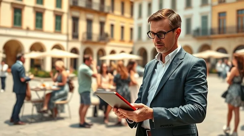 A photorealistic image of a highly organized, professional tour manager, dressed in smart casual attire, discreetly checking a tablet while standing in the background of a group of elegantly dressed tourists enjoying a private culinary experience in a sun-drenched European piazza. The manager has a calm, confident expression. Professional photography, 8K, cinematic lighting, sharp focus on the manager, depth of field blurring the background.