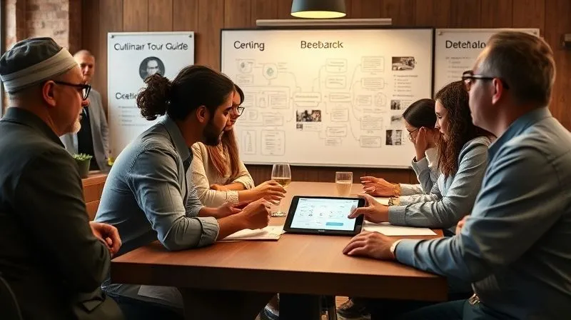 A photorealistic image of a diverse group of professional culinary tour guides and operators gathered around a large table, intensely discussing feedback forms and digital analytics on a tablet, with a whiteboard in the background filled with brainstormed ideas and flowcharts. The atmosphere is collaborative and innovative, with warm, focused lighting. Professional photography, 8K, cinematic lighting, sharp focus, depth of field.