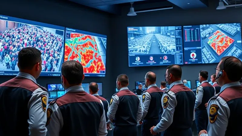A photorealistic image of a sleek, modern event command center. Large digital screens display real-time crowd density maps with heat overlays, CCTV feeds, and communication dashboards. Several uniformed security and event staff are intently monitoring the screens, communicating via headsets. The atmosphere is focused and professional. 8K, cinematic lighting, sharp focus, depth of field, shot on a high-end DSLR.