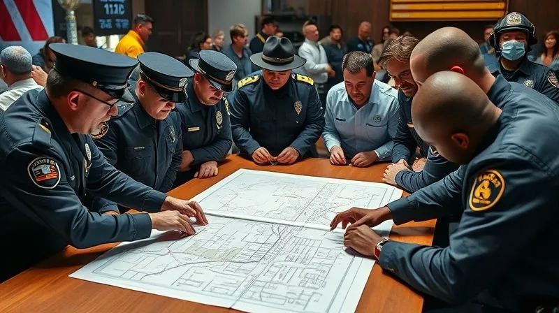 A photorealistic professional photograph depicting a diverse group of city officials, police officers, fire chiefs, and event organizers gathered around a large table, intently reviewing detailed blueprints and digital maps of an urban street festival. They are engaged in a serious discussion, pointing to specific areas on the map, conveying a sense of collaborative planning and inter-agency cooperation. 8K, cinematic lighting, sharp focus, depth of field, shot on a high-end DSLR.