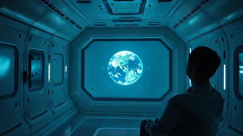 Photorealistic, professional photography, 8K, cinematic lighting, sharp focus, depth of field. A person in a dimly lit, minimalist space habitat room, looking thoughtfully at a holographic display showing Earth. The room has soft, diffused lighting and sound-dampening panels, conveying a sense of quiet contemplation and potential isolation. Shot on a high-end DSLR.