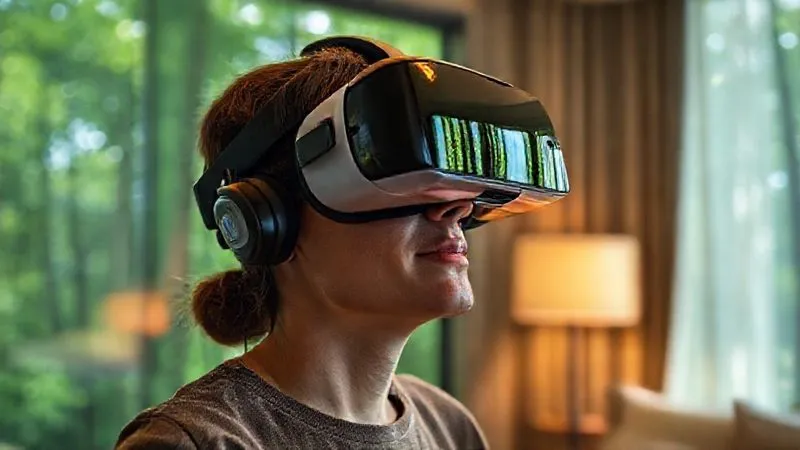 Photorealistic, professional photography, 8K, cinematic lighting, sharp focus, depth of field. A space hotel guest wearing a sleek VR headset, immersed in a vibrant, photorealistic virtual forest scene. The space hotel room around them is modern but minimalist, with soft ambient light. The scene captures the contrast between the confined reality and the expansive virtual escape. Shot on a high-end DSLR.
