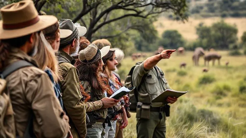 A diverse group of eco-tourists actively listening to an enthusiastic park ranger pointing towards distant wildlife, all maintaining a respectful distance. The ranger uses a visual aid like a map or a tablet. Photorealistic, professional photography, 8K, cinematic lighting, sharp focus, depth of field, shot on a high-end DSLR.