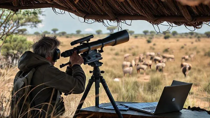 A researcher discreetly observing a group of wild animals through a high-powered telescope from a hidden blind, with data charts and a laptop nearby. The scene is set in a natural, undisturbed habitat. Photorealistic, professional photography, 8K, cinematic lighting, sharp focus on the researcher and equipment, depth of field blurring the distant wildlife, shot on a high-end DSLR.