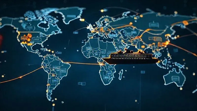 Photorealistic, professional photography, 8K, cinematic lighting, sharp focus, depth of field, shot on a high-end DSLR. A complex, interconnected web of international borders and visa stamps on a stylized world map, with a faint silhouette of a cruise ship tracing a global route. The lines of connection are glowing, symbolizing the flow of travel and the intricate nature of global entry requirements.