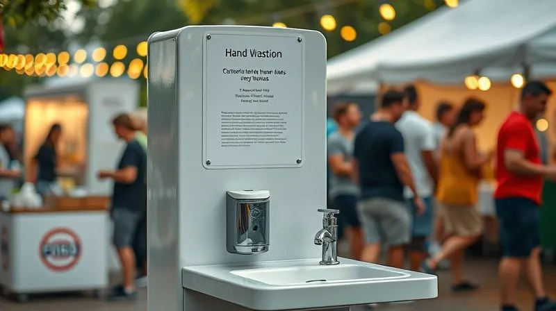 A photorealistic, brightly lit outdoor scene at a food festival, showcasing a pristine, modern portable handwashing station with soap, paper towels, and a foot-pedal operated faucet. The station is clearly marked and accessible, with a blurred background of happy festival-goers, professional photography, 8K, cinematic lighting, sharp focus, depth of field, shot on a high-end DSLR.