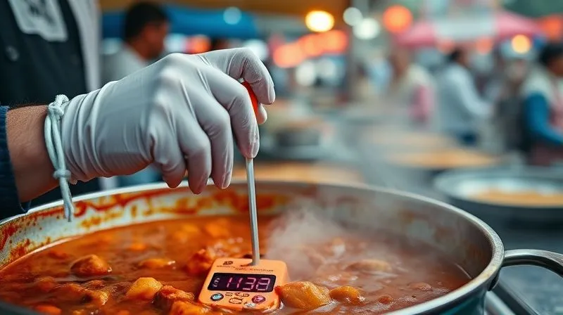 A photorealistic, close-up shot of a food vendor at a vibrant food festival, wearing clean gloves, meticulously inserting a digital thermometer into a large pot of simmering curry. The thermometer display shows a safe temperature. Cinematic lighting, sharp focus on the thermometer and food, depth of field blurring the background festival activity, 8K hyper-detailed, professional photography, shot on a high-end DSLR.