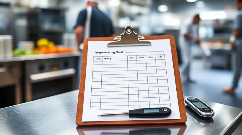 A photorealistic, clean, and organized clipboard resting on a stainless steel counter in a professional kitchen environment at a food festival. The clipboard holds a neatly filled-out temperature log sheet with columns for date, time, item, temperature, action, and initials. A digital thermometer lies beside it. Cinematic lighting, sharp focus on the log sheet, depth of field blurring the background, 8K hyper-detailed, professional photography, shot on a high-end DSLR.