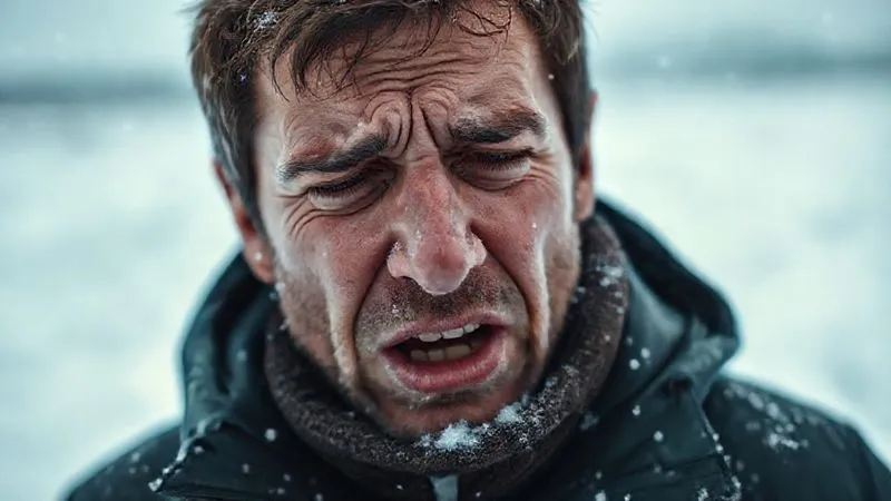 A person shivering uncontrollably in a a cold, desolate snowy landscape, blurred background, focus on the person's face showing distress and confusion, conveying the immediate danger of hypothermia, photorealistic, professional photography, 8K, cinematic lighting, sharp focus, depth of field, shot on a high-end DSLR.