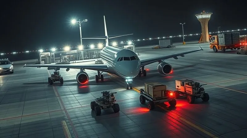 A photorealistic high-angle shot of a futuristic spaceport tarmac at night, illuminated by smart, energy-efficient LED lights. Automated robotic ground vehicles are autonomously transporting components and supplies around a sleek spaceplane. Cinematic lighting, sharp focus on the automated operations, depth of field blurring the distant control tower, 8K hyper-detailed, shot on a high-end DSLR.