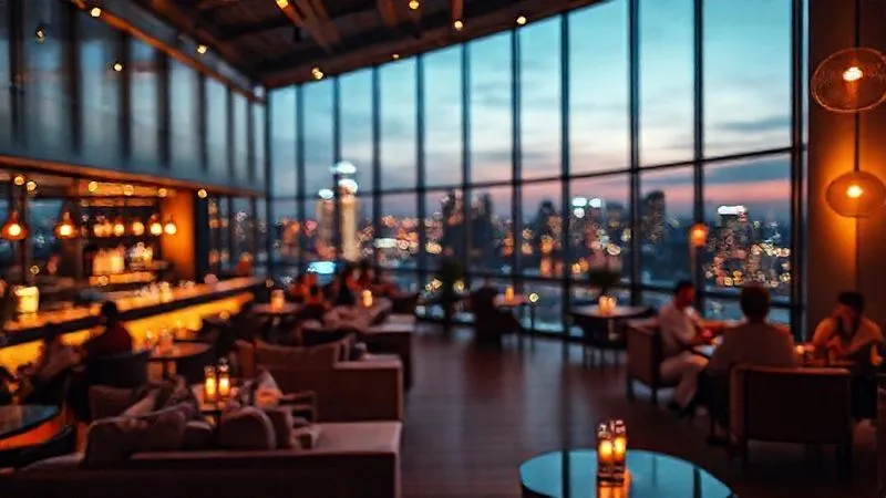 A photorealistic, professional photography, 8K, cinematic lighting, sharp focus, depth of field, shot on a high-end DSLR, of a chic, modern rooftop bar interior at dusk. Soft, warm lighting illuminates comfortable lounge seating and elegant patrons, with the blurred, glittering city lights visible through large glass panels. The atmosphere is sophisticated and inviting.