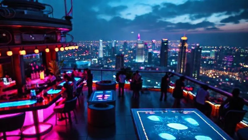 A photorealistic, professional photography, 8K, cinematic lighting, sharp focus, depth of field, shot on a high-end DSLR, of a futuristic, themed rooftop bar at night. Neon lights illuminate unique architectural elements and patrons interacting with interactive art installations. A stunning, slightly blurred cityscape glows in the background, enhancing the sense of a cutting-edge, immersive experience.