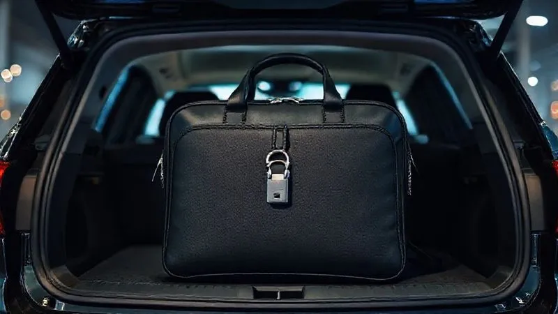 A photorealistic image of a sleek, secure laptop bag with a combination lock, placed discreetly in the trunk of a modern SUV, with a faint glow from a security camera in the background, cinematic lighting, sharp focus on the bag, depth of field, 8K hyper-detailed.