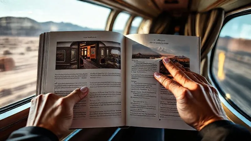 A photorealistic image of a detailed travel itinerary booklet, open to a page showing a luxury train with a panoramic view, with elegant hands pointing to a bespoke section, cinematic lighting, sharp focus, depth of field, shot on a high-end DSLR.