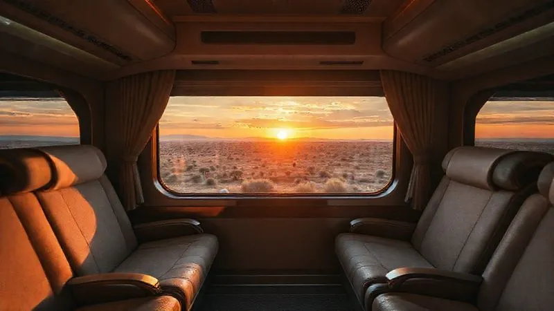 A photorealistic, professional photography, 8K, cinematic lighting, sharp focus, depth of field, shot on a high-end DSLR, showing a luxury train interior with plush seating, and a strategic window view perfectly framed for a stunning sunset over a vast wilderness, with no glare, evoking a sense of perfect positioning and serene exclusivity.