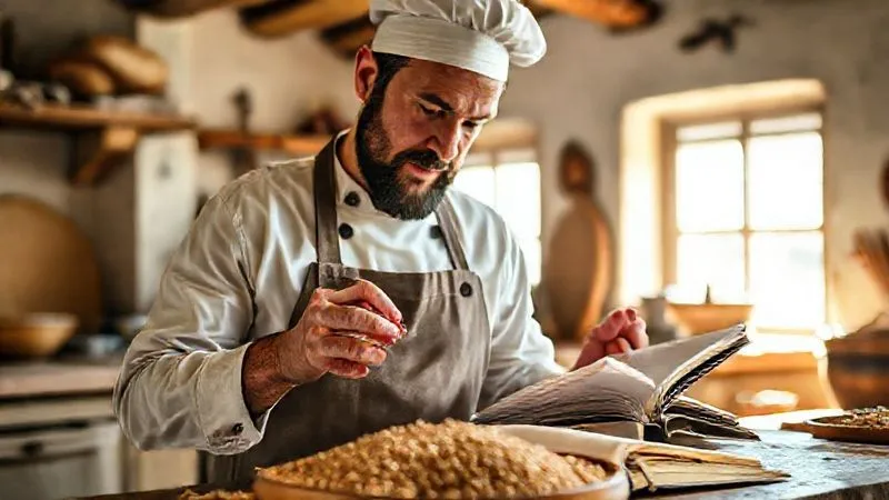 A photorealistic image of a chef in a rustic, sunlit kitchen, examining a bowl of ancient, heirloom grains, a notebook open beside them, professional photography, 8K, cinematic lighting, sharp focus on the grains and chef's contemplative expression, depth of field blurring the background, shot on a high-end DSLR, evoking discovery and deep learning.