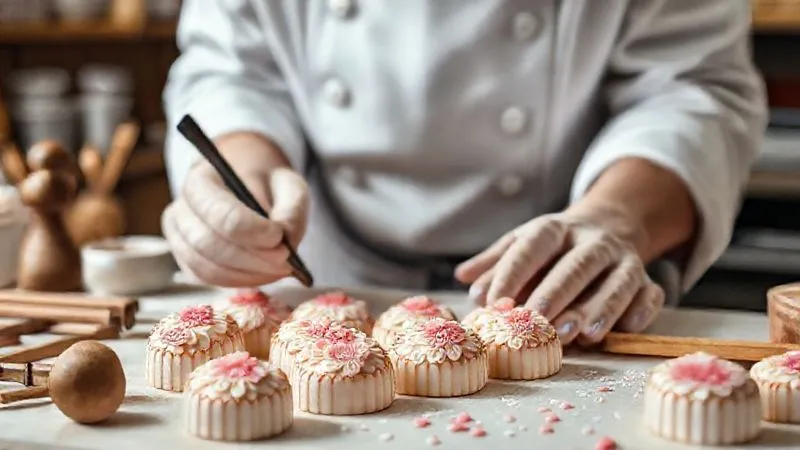 A photorealistic image of a chef meticulously decorating delicate Japanese wagashi pastries with intricate floral designs, surrounded by traditional Japanese baking tools, soft studio lighting, sharp focus on the chef's hands and the pastries, depth of field blurring the background, 8K hyper-detailed.