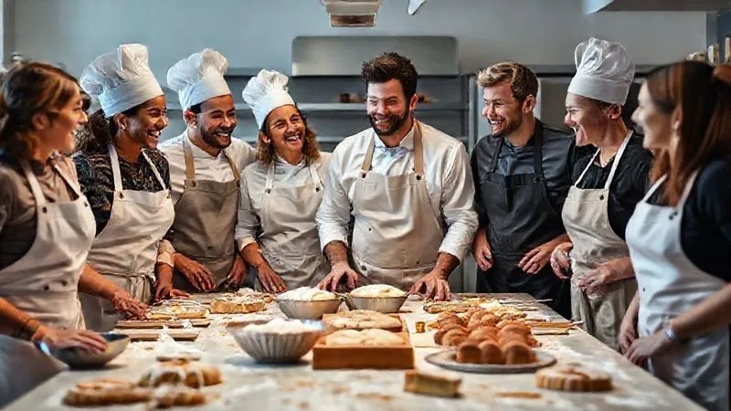 A diverse group of professional chefs from around the world, wearing aprons, laughing and collaborating over a large table filled with various baking ingredients and half-finished pastries in a modern, well-lit kitchen, professional photography, 8K, cinematic lighting, sharp focus on the chefs' joyful interaction, depth of field blurring the background, shot on a high-end DSLR, conveying camaraderie and shared passion.