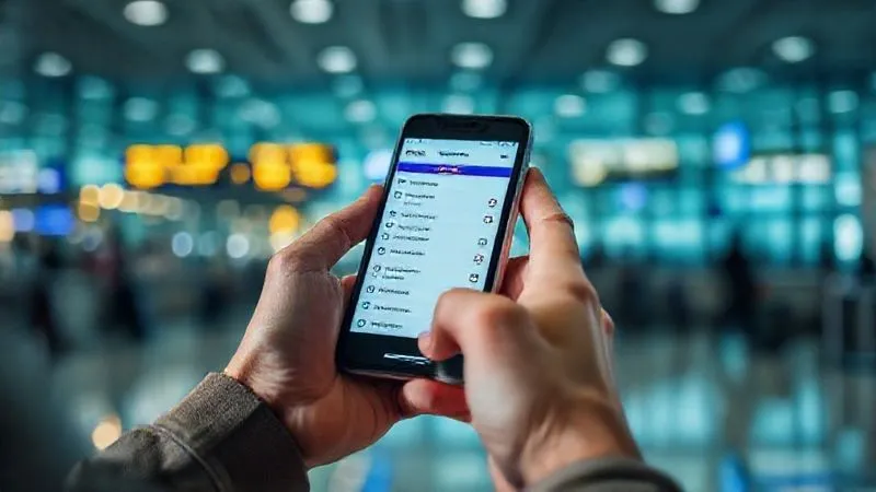 A close-up, photorealistic shot of a person's hands holding a smartphone displaying an emergency contact list or a disability advocacy website, with a blurred airport terminal background. Cinematic lighting, sharp focus on the phone screen and hands, depth of field, 8K hyper-detailed, shot on a high-end DSLR.