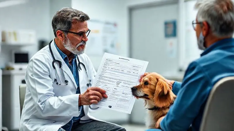 A photorealistic image of a veterinarian explaining a complex international health certificate form to a client, with a calm service dog sitting attentively beside them. The vet points to a specific section on the form. Cinematic lighting, sharp focus, depth of field blurring the clinic background, 8K hyper-detailed, shot on a high-end DSLR.