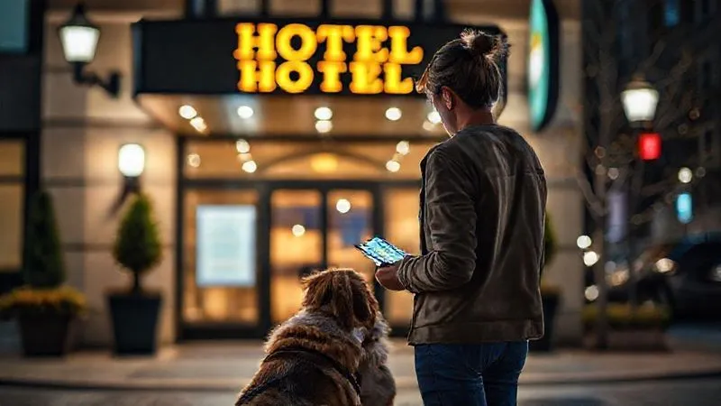 A photorealistic image of a person and their service dog looking at a map or phone screen, standing in front of a welcoming, well-lit hotel entrance at night. The scene conveys a sense of relief after a stressful travel day. Cinematic lighting, sharp focus on the person and dog, depth of field blurring the street, 8K hyper-detailed, shot on a high-end DSLR.