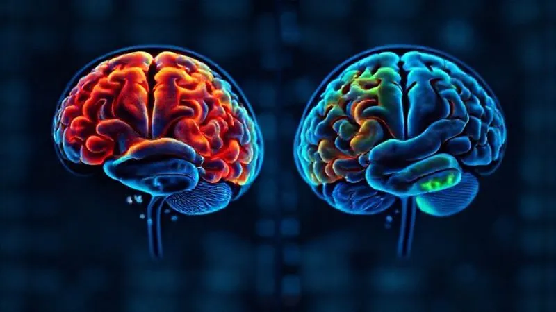 Photorealistic, professional photography, 8K, cinematic lighting, sharp focus, depth of field, shot on a high-end DSLR. A split image showing two brain scans: one on the left depicting areas of high activity and stress (red/orange) and one on the right showing balanced, calm brain activity with more blue/green areas, symbolizing the effect of a short wellness break. The transition is subtle and hopeful. Emotionally resonant, conveying the scientific impact of rest.