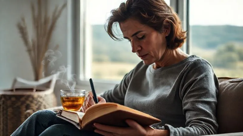 Photorealistic, professional photography, 8K, cinematic lighting, sharp focus, depth of field, shot on a high-end DSLR. A person, mid-30s, with a serene expression, sitting comfortably in a well-lit, minimalist room, gently writing in a leather-bound journal. A cup of herbal tea steams beside them, and a soft, natural landscape is visible through a large window in the background. The focus is on the act of thoughtful reflection. Emotionally resonant, conveying introspection and peaceful contemplation.