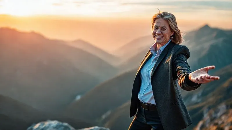 Photorealistic, professional photography, 8K, cinematic lighting, sharp focus, depth of field, shot on a high-end DSLR. A professional, mid-40s, standing confidently at the edge of a serene mountain vista at sunrise, arms slightly outstretched in a gesture of openness and empowerment. Their face shows a calm, determined smile. The background is a breathtaking, vibrant landscape, symbolizing new beginnings and clarity. Emotionally resonant, conveying strength, renewal, and readiness to tackle challenges.