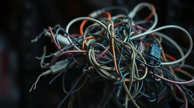 A close-up, photorealistic image of a tangled knot of electrical wires and cables, some frayed, against a dark, blurry background, symbolizing mental and emotional overwhelm and burnout. Cinematic lighting highlights the complexity and stress. Photorealistic, professional photography, 8K, cinematic lighting, sharp focus, depth of field, shot on a high-end DSLR.