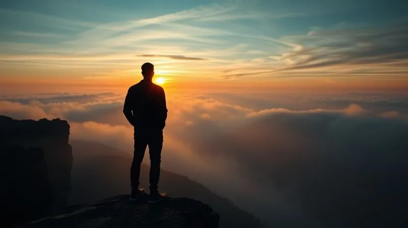 A solitary figure, seen from behind, standing at the edge of a cliff overlooking a vast, mist-shrouded mountain range during sunrise. The person is silhouetted against the dramatic sky, hands in pockets, conveying a sense of peace, contemplation, and awe. Photorealistic, professional photography, 8K, cinematic lighting, sharp focus on the figure and immediate foreground, depth of field blurring the distant mountains, shot on a high-end DSLR.