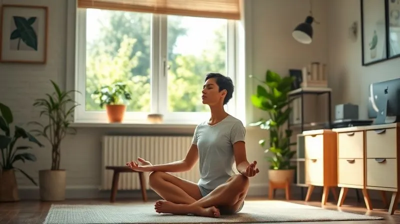 A person meditating in a sunlit, minimalist home office setting. The room is tidy and features natural elements like a small plant and a window overlooking a green space. The person is calm and focused, representing peace and integration of wellness practices into daily life. Photorealistic, professional photography, 8K, cinematic lighting, sharp focus on the person, depth of field blurring the background, shot on a high-end DSLR.