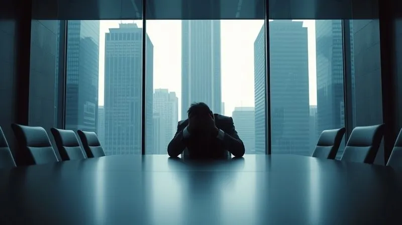 Photorealistic, professional photography, 8K, cinematic lighting, sharp focus, depth of field, shot on a high-end DSLR. A silhouetted executive sits slumped at a large, empty boardroom table, head in hands, surrounded by tall, imposing skyscrapers visible through the window, conveying extreme exhaustion and isolation. The lighting is dim and melancholic. The scene evokes a sense of overwhelming pressure and solitude within a corporate environment.