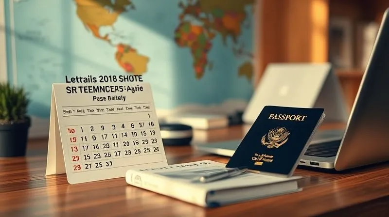 Photorealistic, professional photography, 8K, cinematic lighting, sharp focus, depth of field, shot on a high-end DSLR. A highly organized desk with a calendar showing 'Out of Office' dates, a passport, a minimalist travel guide, and a closed laptop. The scene is bathed in calm, natural light, conveying preparation and anticipation for a journey. There's a subtle depth of field with a world map slightly blurred in the background.