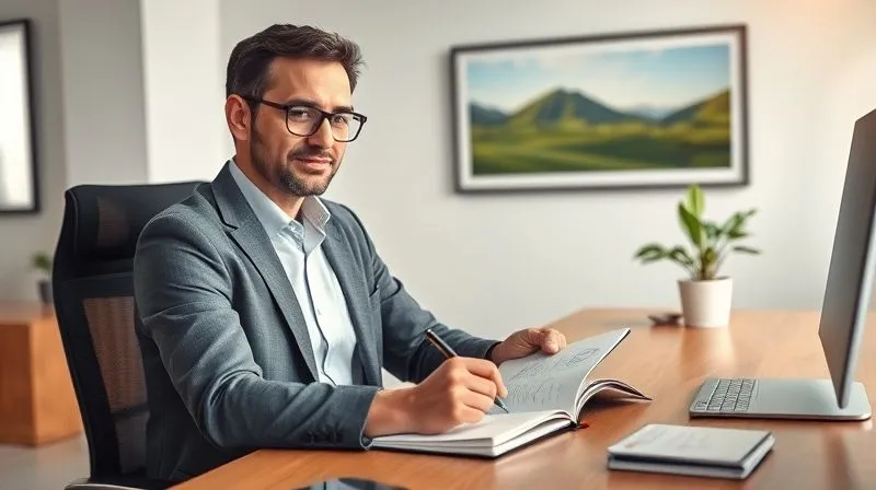 Photorealistic, professional photography, 8K, cinematic lighting, sharp focus, depth of field, shot on a high-end DSLR. A professional executive, looking refreshed and confident, sits at a modern office desk, calmly sketching ideas in a notebook. A small, vibrant plant is on the desk, and a framed photo of a serene natural landscape is subtly visible in the background. The lighting is bright and optimistic, conveying a sense of renewed purpose and balance.