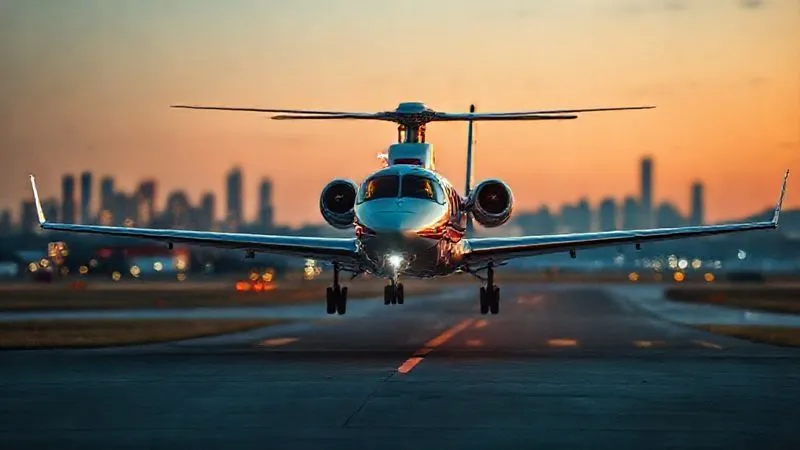 A photorealistic, professional photography, 8K, cinematic lighting shot of a modern, well-equipped air ambulance taking off from a tarmac at dusk, with a clear focus on the aircraft and blurred background of a distant city skyline. The scene should evoke a sense of urgent, professional medical transport. Shot on a high-end DSLR.