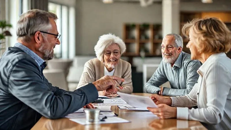 A photorealistic, professional photography, 8K, cinematic lighting shot of a diverse group of people, including an elderly couple, sitting around a table with a professional, empathetic insurance broker. The broker is pointing to documents, explaining details with a reassuring smile. The setting is a modern, comfortable office with soft, natural light. Sharp focus on the interaction, depth of field blurring the background office elements. Shot on a high-end DSLR.